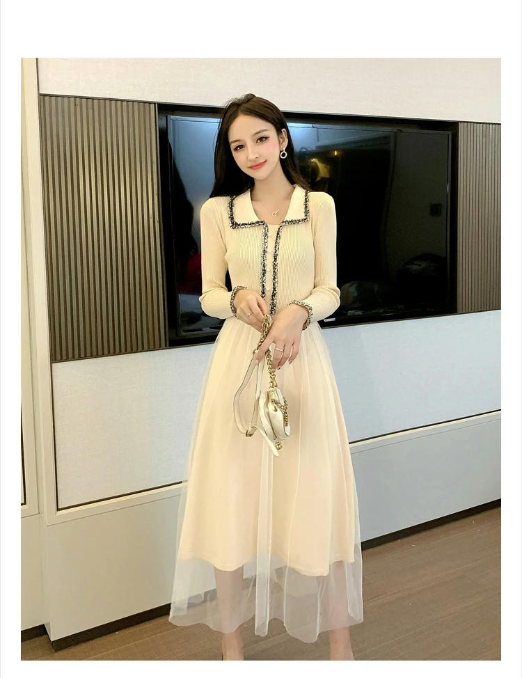

Knitted Sweet Style Party Dress Woman Mesh Patchwork Korean Long Dresses Fashion Brand Black Vestidos Roupas Femininas New