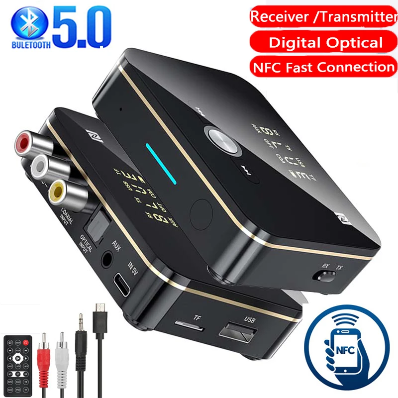 

NFC Bluetooth 5.0 Receiver Transmitter 3.5mm AUX Jack RCA Optical Wireless Audio Adapter For TV PC with Mic IR Remote Control