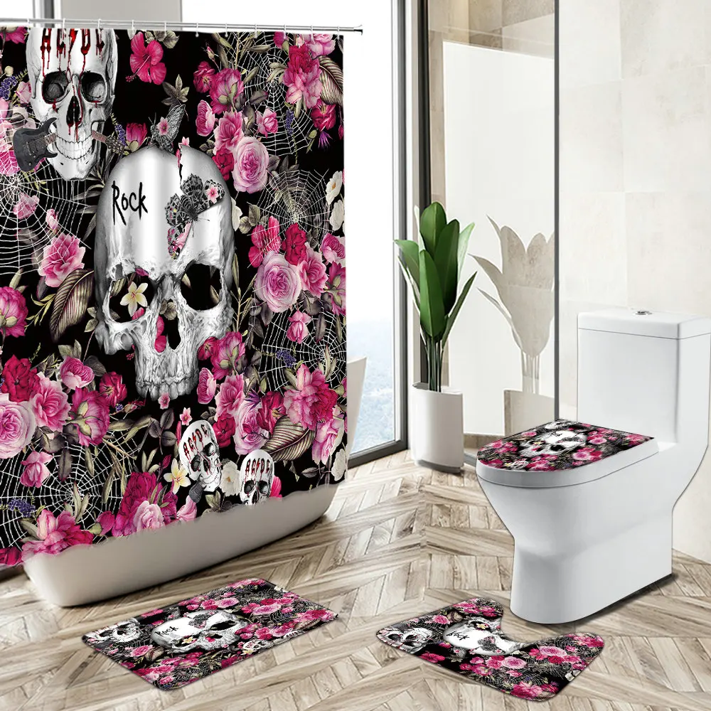 

Sugar Skull Flower Shower Curtain Set Butterfly Flower Skeleton Halloween Creative Design Non-Slip Rug Toilet Lid Cover Bath Mat
