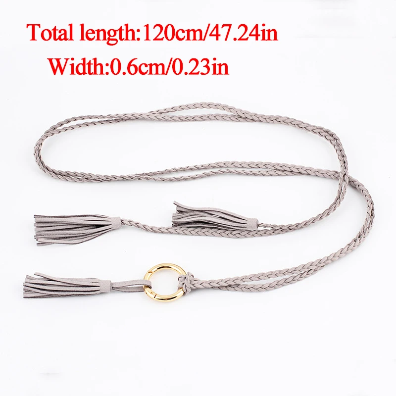 

Vintage Weaving Belts For Women Knitted Tassel Waistband Golden Metal Round Buckle CummerbundBraided Belt Female Waist Rope