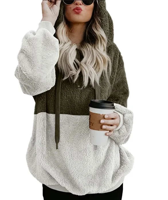 white green Зимние теплые Повседневное двойной Fuzzy 1/4 толстовка на молнии из искусственного флиса карман с длинным рукавом безразмерная подстежка на искусственном меху, пуловер с капюшоном пальто, верхняя одежда - Цвет: white green