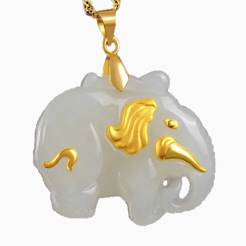 

DROP SHIPPING ELEPHANT HETIAN JADE PENDANT GOLD JADETITE NECKLACE LUCKY AMULET 24K GOLD JEWELRY FOR WOMEN MEN GIFT