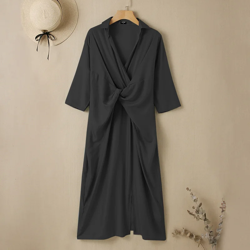 

VONDA 2022 Women Shirt Dress Baggy Party Sundress Kaftan Robe Femme Half Sleeve High Waist Lapel Collar Button Up Shirt Vestido