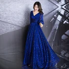 Синие длинные вечерние платья-трапеции AE665, элегантные Серебристые официальные платья с длинным рукавом и V-образным вырезом, платье для вечеринки