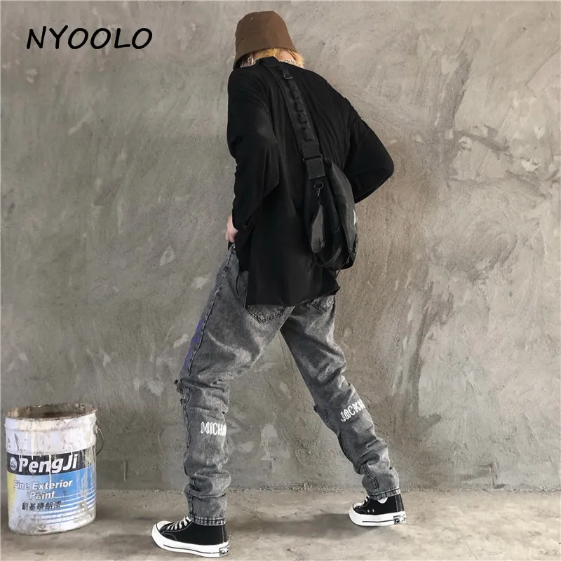 NYOOLO High Street винтажные джинсы с принтом граффити и потертыми дырками осенние тонкие длинные джинсовые мотоциклетные брюки в стиле хип-хоп для женщин и мужчин