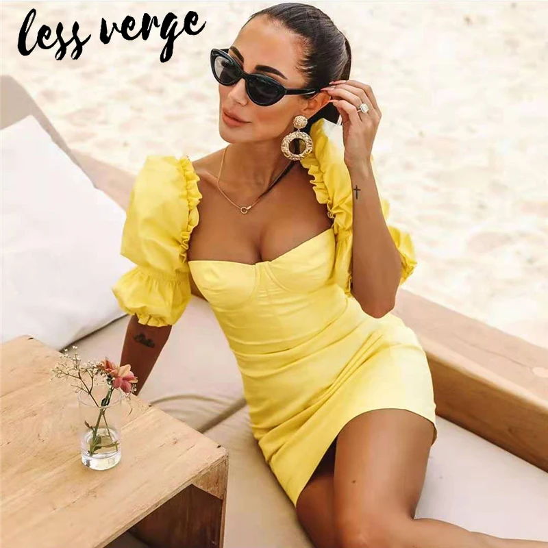 Lessverge с открытыми плечами оборками желтое облегающее платье женское пышными