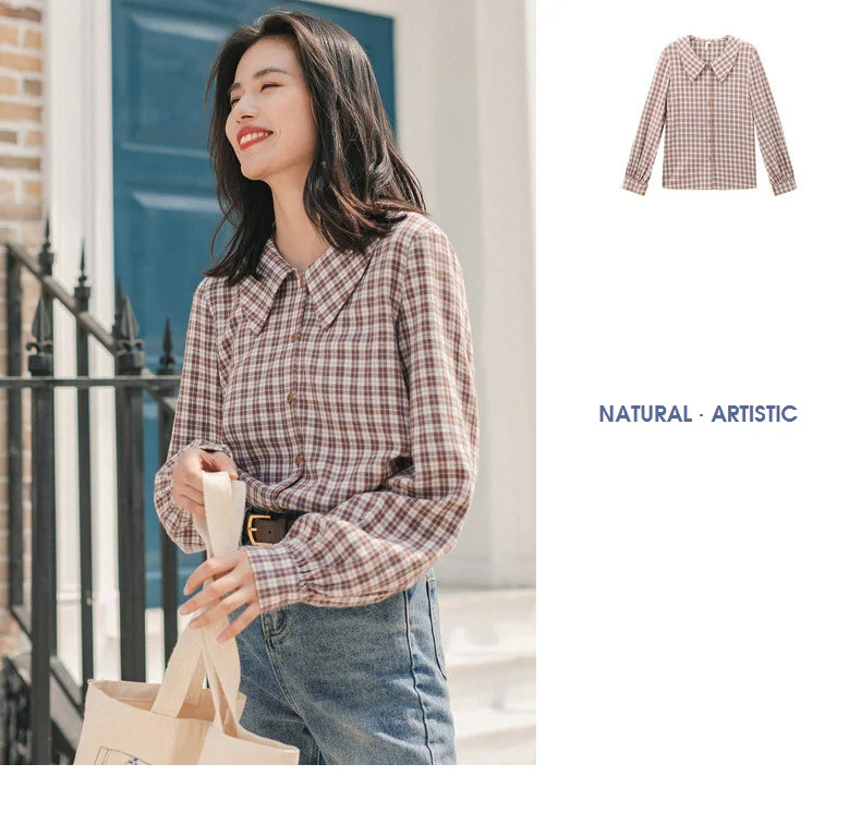 INMAN Winter New Arrival Literary Retro 100%Cotton Doll Collar Plaid Loose Long Sleeve Women Blouse