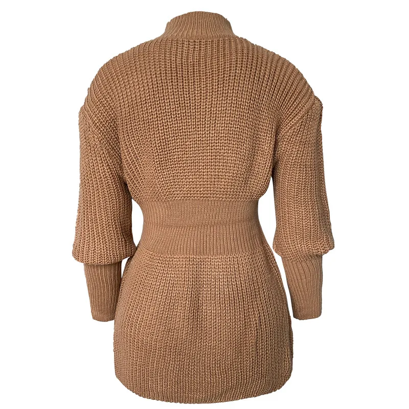 

2020 Autumn Winter New European American Women's Solid Color High-Neck Pullovers Tie-Hands Slim Knit Top