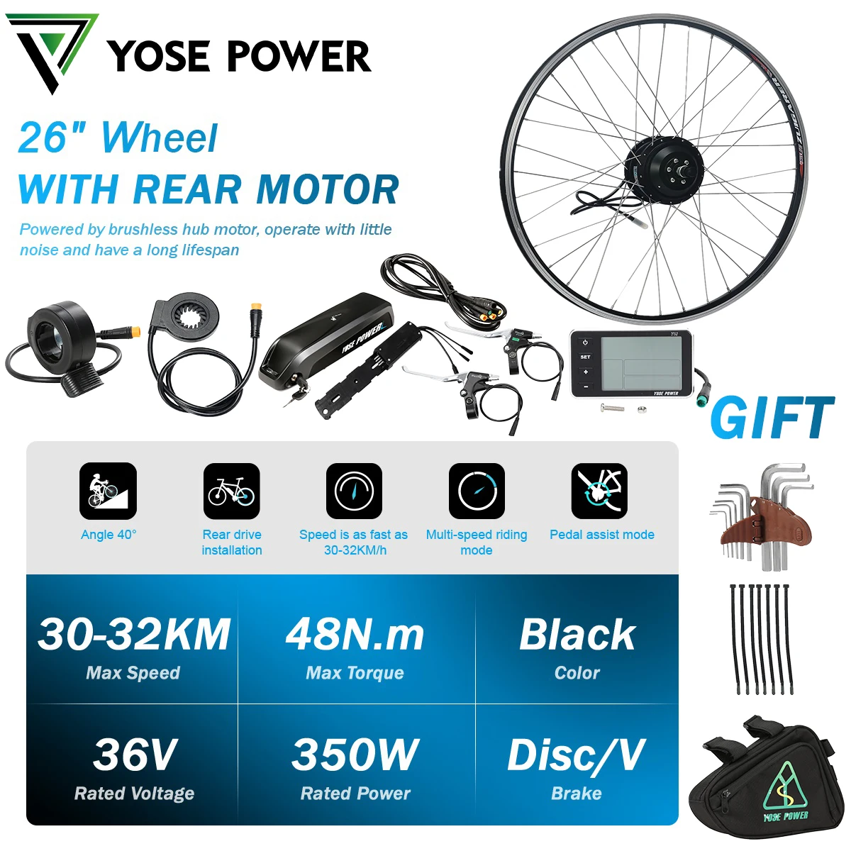 Е-байка 36В 350 Вт 26 &quotКассетная задняя мотор фара для электровелосипеда в Батарея