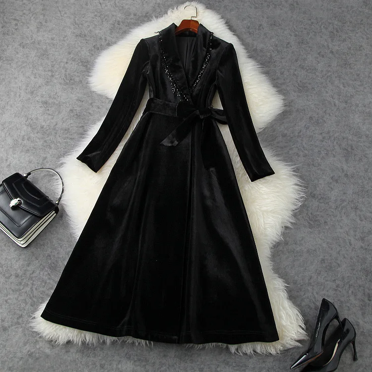 

European and American women's wear 2020 winter new style Long sleeve lapel nail beads lace-up Fashionable velvet jacket