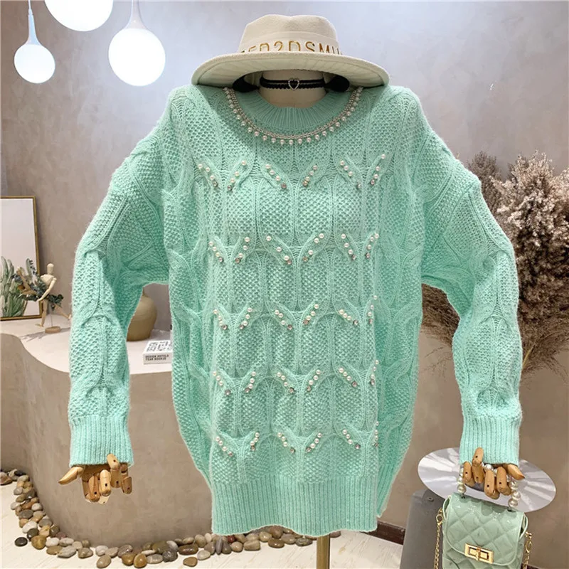 

Новинка, женская одежда, осень-зима 2021, Элегантный дизайнерский свободный свитер средней длины с круглым вырезом и бусинами, вязаная рубашк...