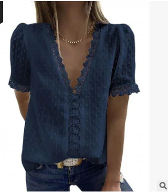 

2021European and American women fashion sexy V-neck short-sleeved stitching lace chiffon top T-shirt