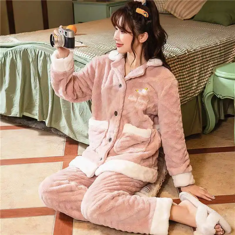 Winter Warm Flannel Pajamas Set Thicken 2 Pieces/Sets Women Sleepwear Long Sleeve Trousers Homewear Coral Fleece Nightwear