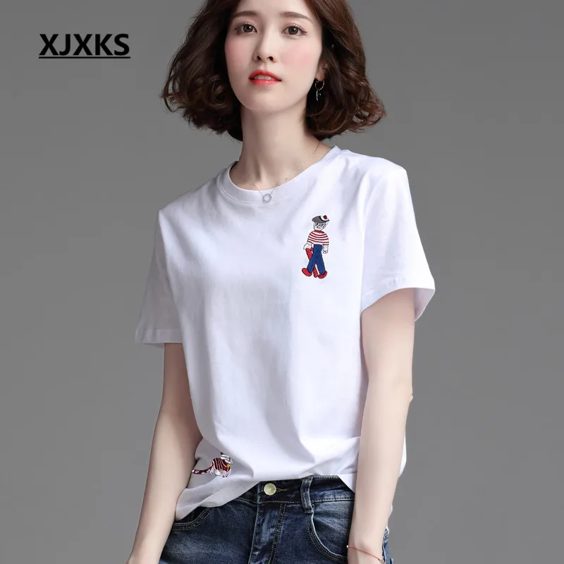 Женская футболка с круглым вырезом XJXKS Повседневная Удобная хлопковая коротким