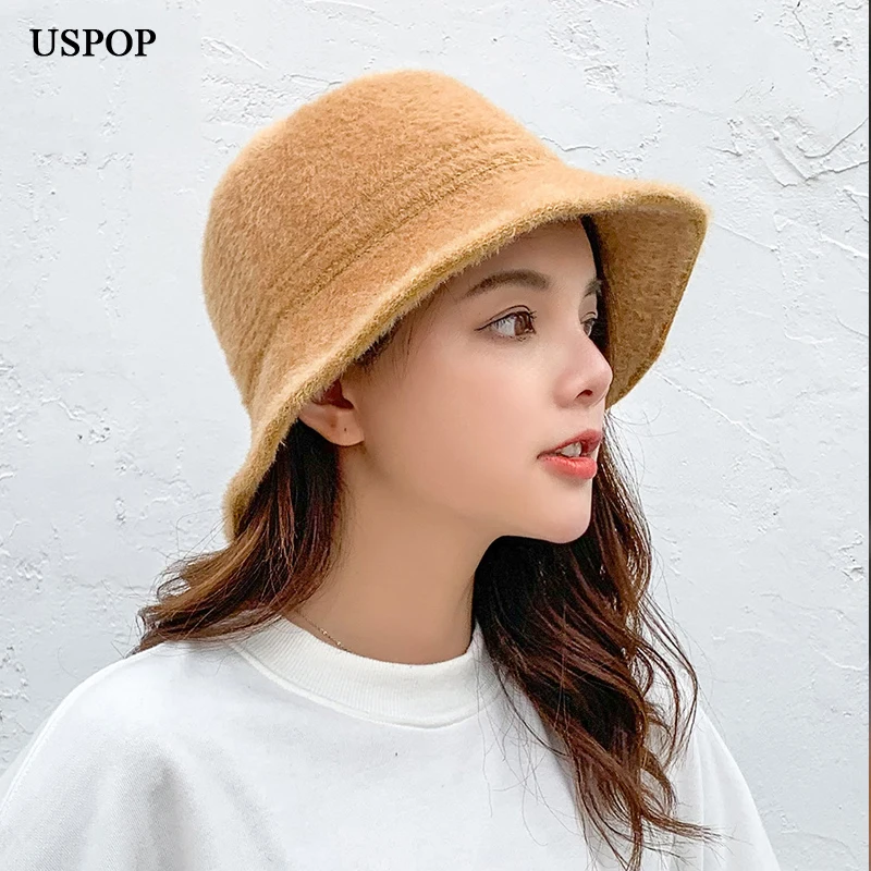 USPOP новые модные женские шапки-ведерки, одноцветные теплые шапки, женские зимние шапки-ведерки