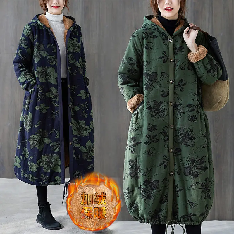 Женская зимняя флисовая куртка средней длины из хлопка и льна с этническим