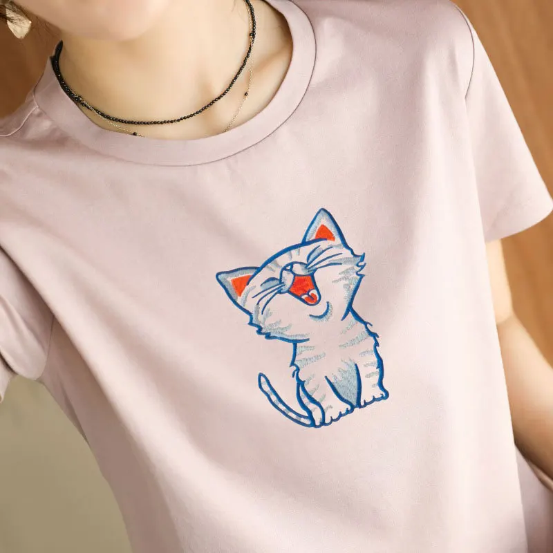 

2021new Summer Embroidered Kitten Cotton Short-Sleeved Women's Vest Mercerized Cotton White T-shirt Women's Base