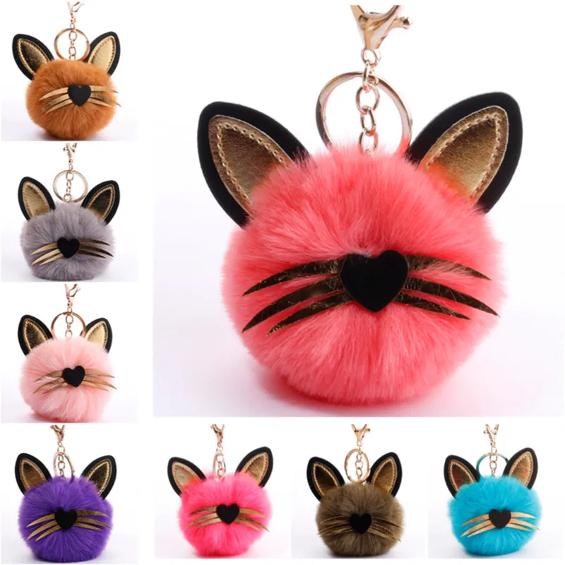 

10pcs/lot 8CM Pompon Keychain For Girls Cute Cartoon Cat Keyring porte clef Car Bag Charms Pompom Key Chains Accessories