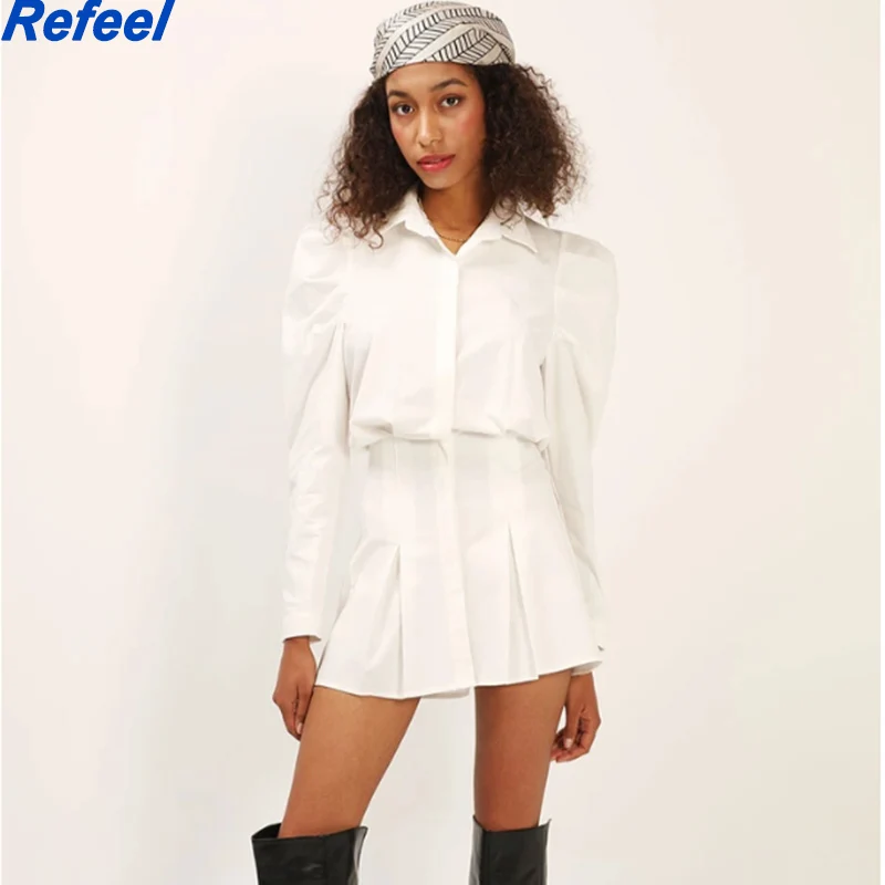 

Элегантное однобортное облегающее мини-платье-рубашка, женские осенние платья с пышными рукавами и отложным воротником, офисные женские пл...