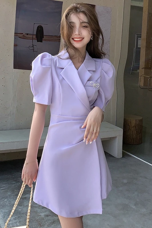

Women One Piece Korea Dress Summer 2021 New Office Lady Short Sleeve Belt Notched Puff Sleeve White Purple Black Dresses Robe