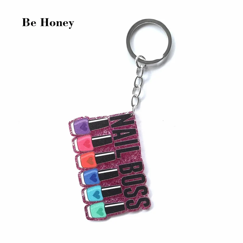Creative Glitter Purple UV Print Nail Boss Words Colorful Nail Polish Acrylic Pendant Keychain Hiphop Punk Fashion Jewelry Gift
