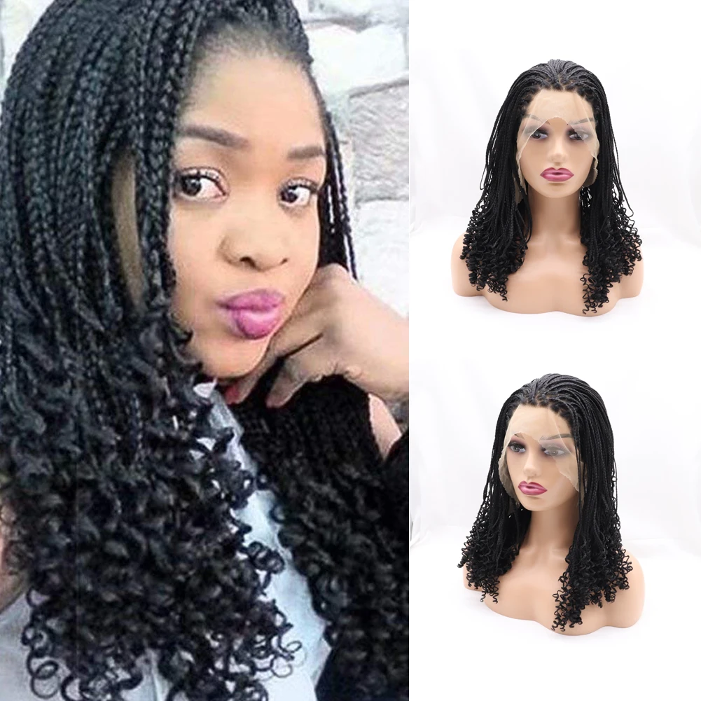 Black Lace Front Braid Wig for Women Black Curly Box Braided Wig Fully Handmade Heat Resistant Fiber Synthetic Makeup Wig 16 In