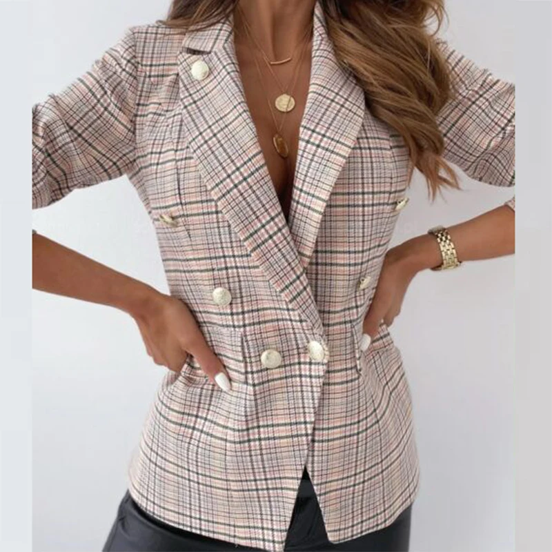 

Winter Long Sleeve Coats Tops Women Turn-Down Collar Plaid Blazer Jacket Lady Elegant Double Breasted Button Women Suit Outwear