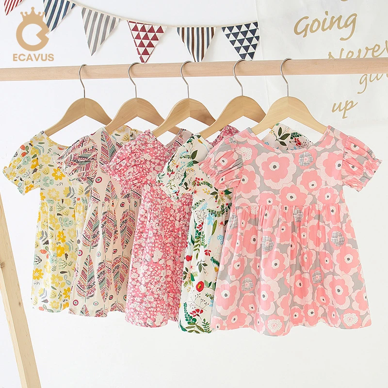 

Ecavus Girl Princess Dress Short Sleeve Flower Print Cotton Cherry Dresses Polka Dot Kids Dresses for Girls Children Clothing