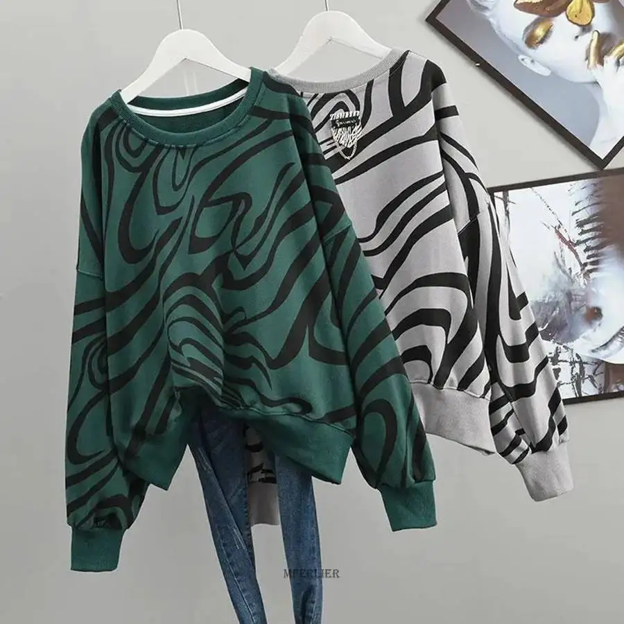 

Осенняя Толстовка размера плюс 6XL 150 кг для женщин, свитшоты оверсайз, пуловеры с длинным рукавом в стиле Харадзюку, топы в полоску