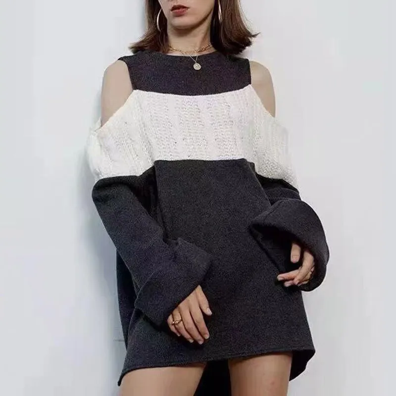 

Асимметричный свитер большого размера d, длинный осенне-зимний свитер, Женский пуловер с круглым вырезом и открытыми плечами, свободный дли...