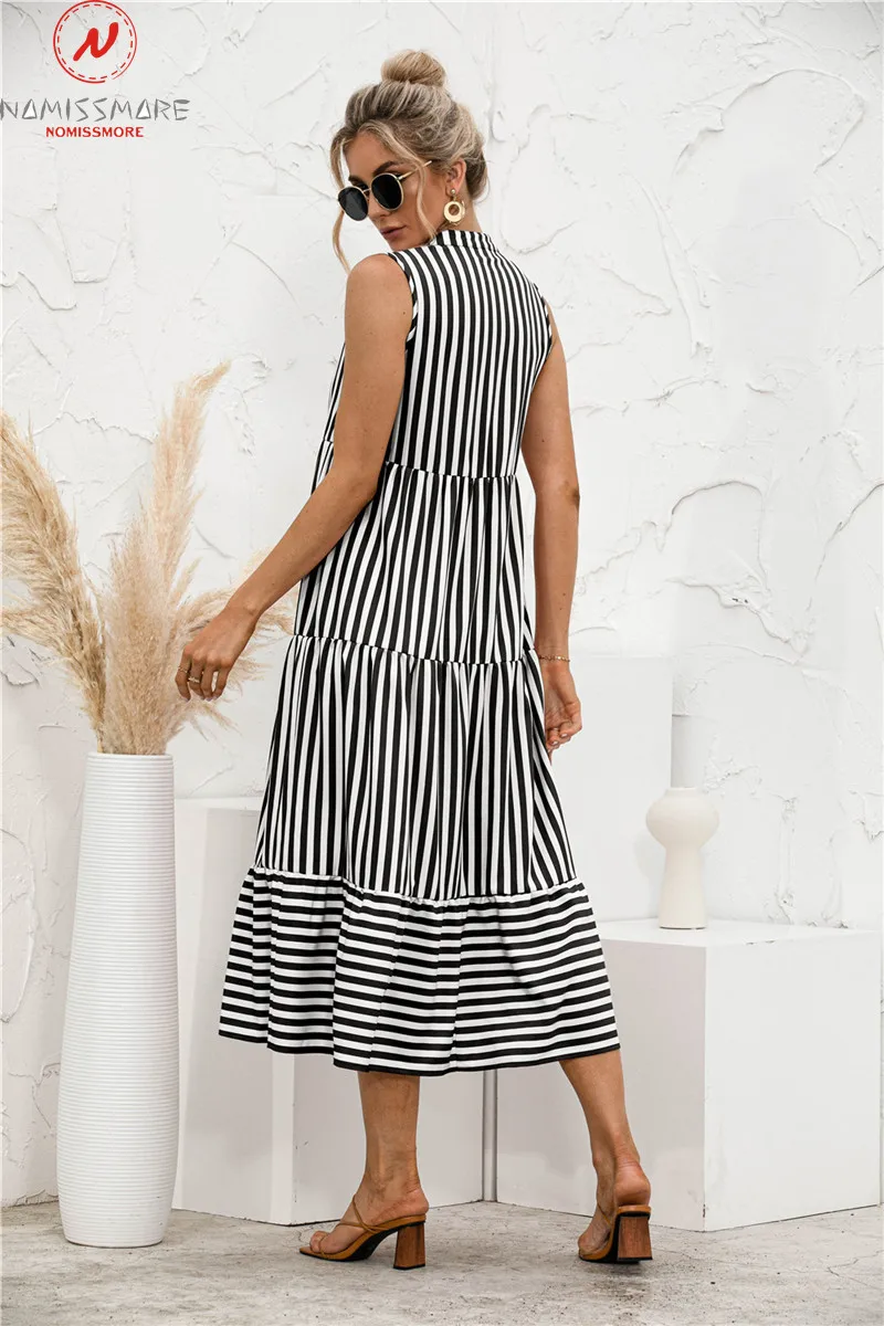 

Fashion Women Summer Striped Print A-Line Dress Patchwork Design Button Decor V-Neck High Waist Sleevelss Slim Long Dress