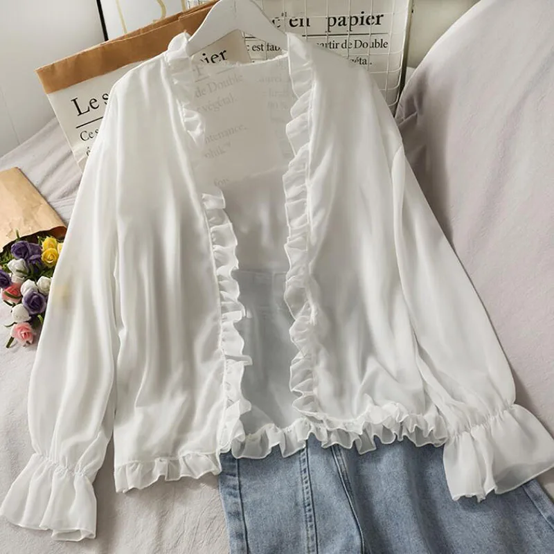 

Women Chiffon Shirt 2021 New Summer Ruffle Thin Cardigan Elegant Blouse Solid color Long Sleeve White Sun protection Tops
