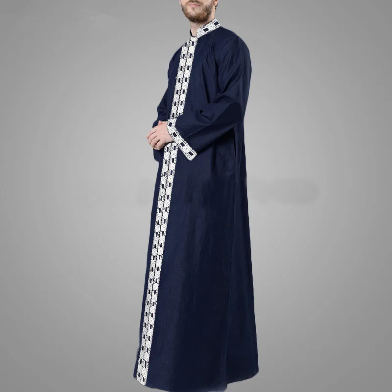 

Islamic Arabic Kaftan Men Muslim Lace Patchwork Long Sleeve V Neck Fashion Middle East Men Robes 2021 Plus Size