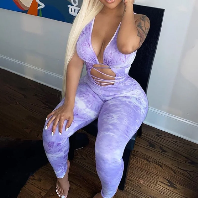 

Bandage Tie Dye Hollow Out Rompers Womens Jumpsuit Fitness Sleeveless Push Up Bodycon Party Jumpsuits V Neck Sexy Hot