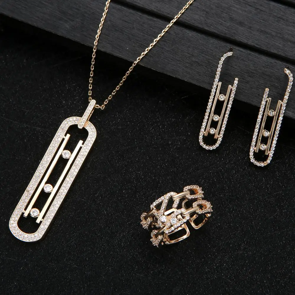 

Luxury Geometry Link Stackable Pendant Necklace Earring ring set Beautiful Full Cubic Zircon Charm Women Jewelry Gift e9361