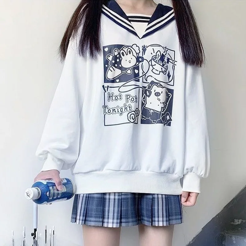 

Deeptown Kawaii Sailor Collar Cartoon Print Oversize Hoodies Women Blue Cute Korean Fashion Harajuku Sweatshirts Female Pullover