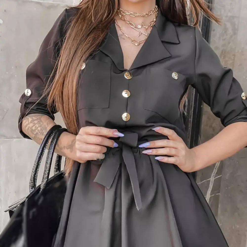 

Women Vintage Front Button Mid Dress Solid Sashes V-neck Short Sleeve Casual Belt Waist Patchwork Office Lady Summer Sundress