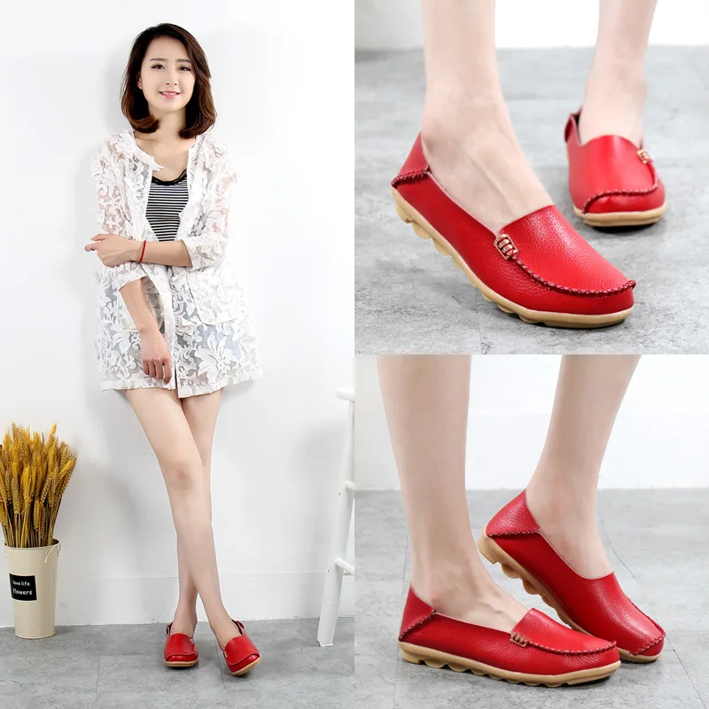 2020 Autumn Women Flat Shoes Genuine Leather Ballet Flats Shoes Cutout Flats Ladies Slip On Loafers Nurse Boat Shoes