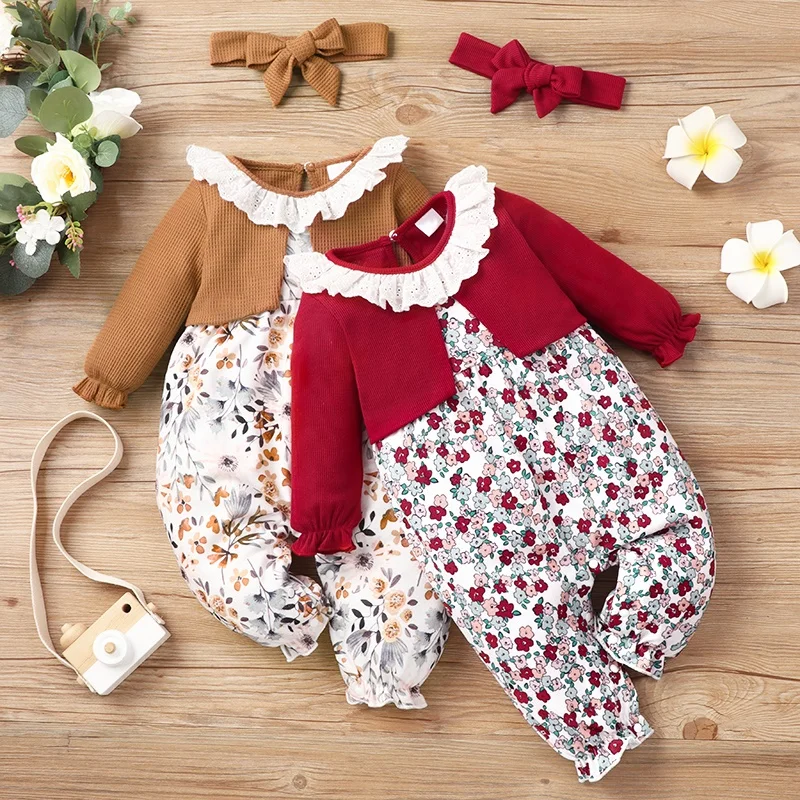 

2 шт., детские кружевные комбинезоны с длинным рукавом и повязкой на голову