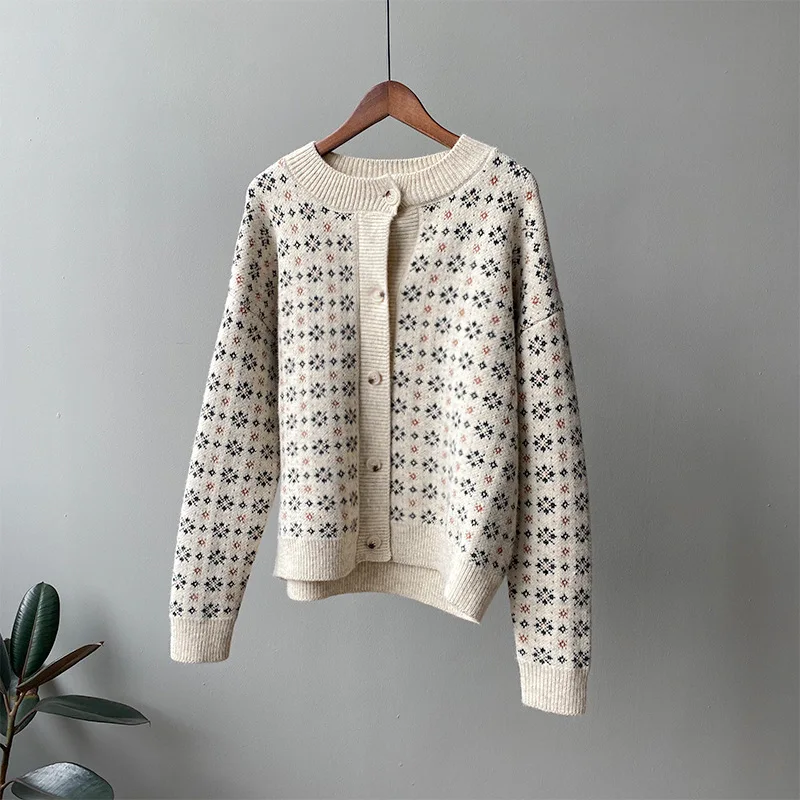 

2020 Fashion Spring Flower Print Elegant Slim Knitted O-Neck Long Sleeve Women sweater Cardigans