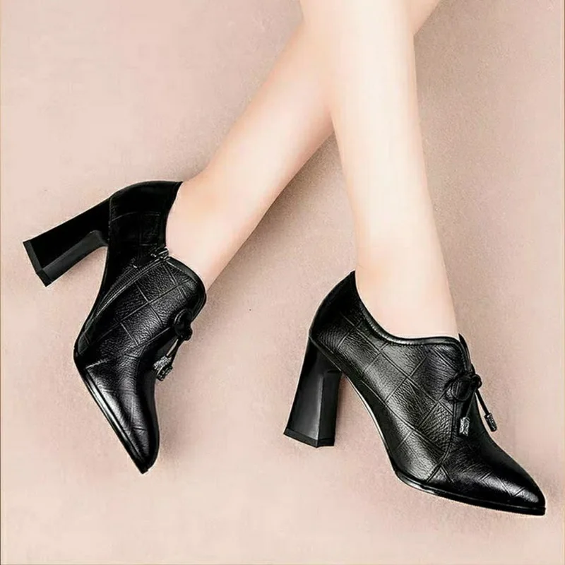 

High Heels Woman Leather Shoes Women Pumps Pointed Toe Femal Footware For Female Block Heel Black high heels sexy high heels