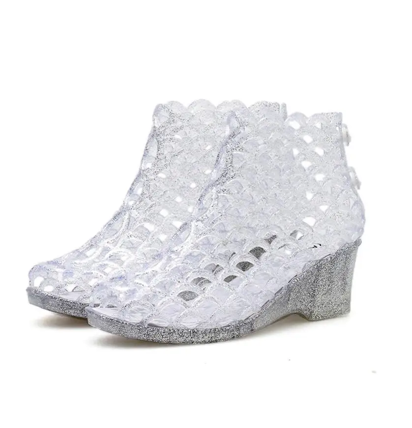 Женские прозрачные сандалии на высоком каблуке серебристые вечерние пляжные