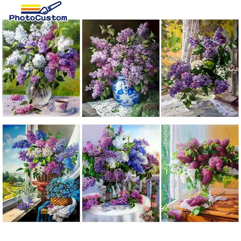 

PhotoCustom DIY Painting By Numbers Purple Flowers Picture By Numbers For Adults on canvas HandPainted Art DIY Gift