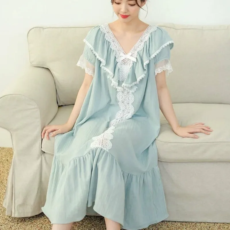 

Летняя женская ночная рубашка из хлопчатобумажной пряжи, дышащее сексуальное ночное белье, короткое Кружевное Ночное платье с v-образным вырезом, однотонное ночное белье, кружевная ночная рубашка