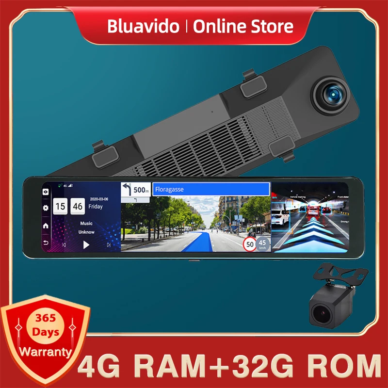 

Bluavido 12" Android 8.1 ADAS 4G DashCam Car DVR Mirror Camera Full HD 1080P Dual WiFi IPS GPS Navigation Video Recorder