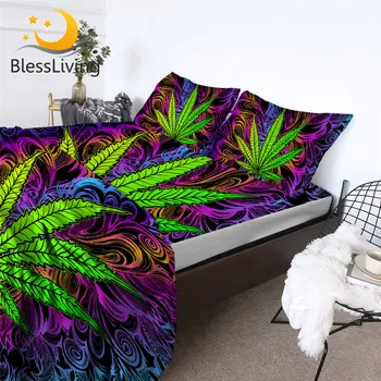 BlessLiving Maple Leaf Fitted Sheet Queen Marijuana Bed Sheet Set Modern Green Leaves Home Bedding Psychedelic Mattress Cover 1