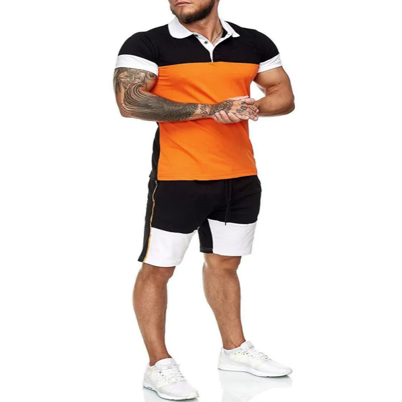 

Summer 2021 Tracksuit Polo Fitness Men Patchwork Jogging Short Sleeve Cotton Blends Shorts Suit Sportswear Clothes Two Piece Set