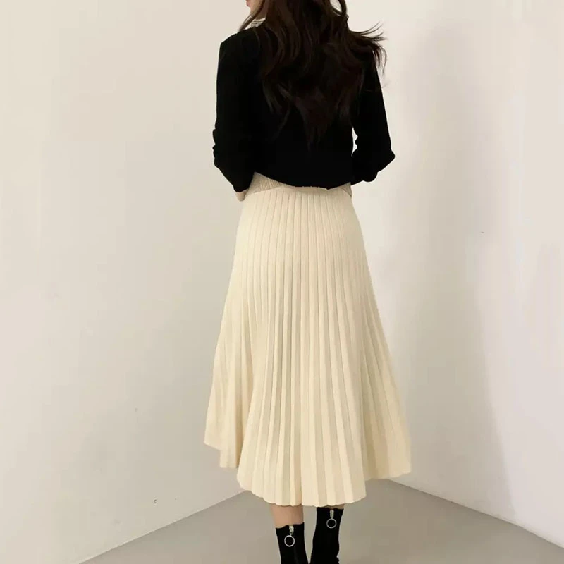 2021 Spring Autumn Knitted 2 Piece Set Chic Office Ladies Single Breasted Pearl Buttons Cardigan Sweater+Pleated Long Skirt Suit |