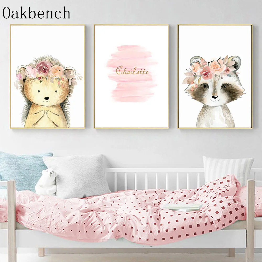 Детский постер с изображением лисицы енота холст рисунок розового цвета на заказ