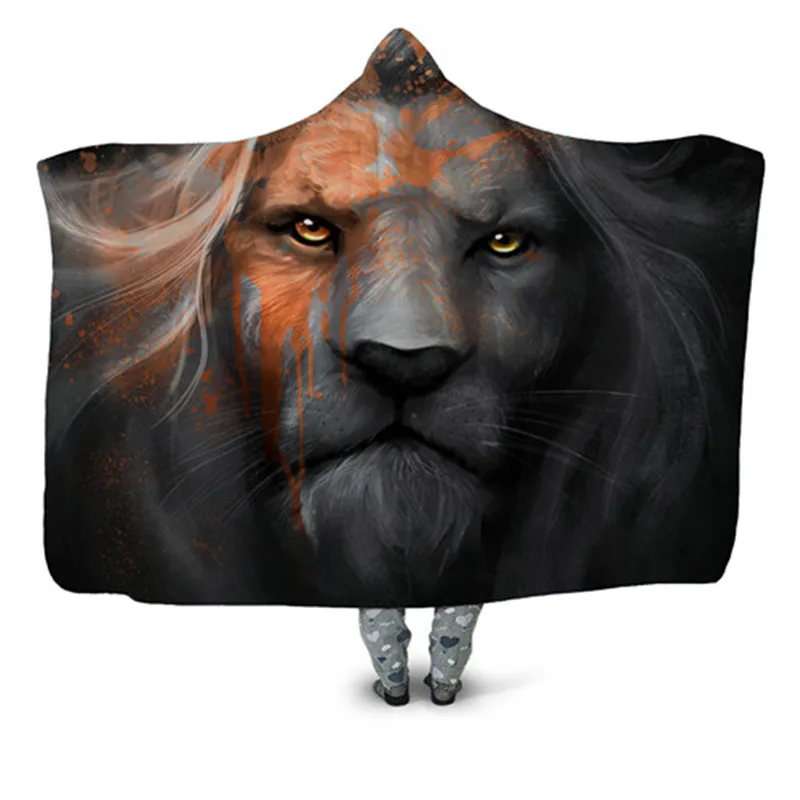 Повседневное 3D одеяло с капюшоном и принтом льва для взрослых детей пикника